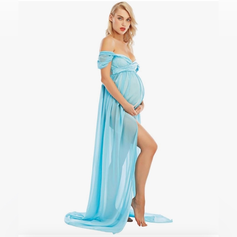 Maternity Off Shoulder baby blue Gown
